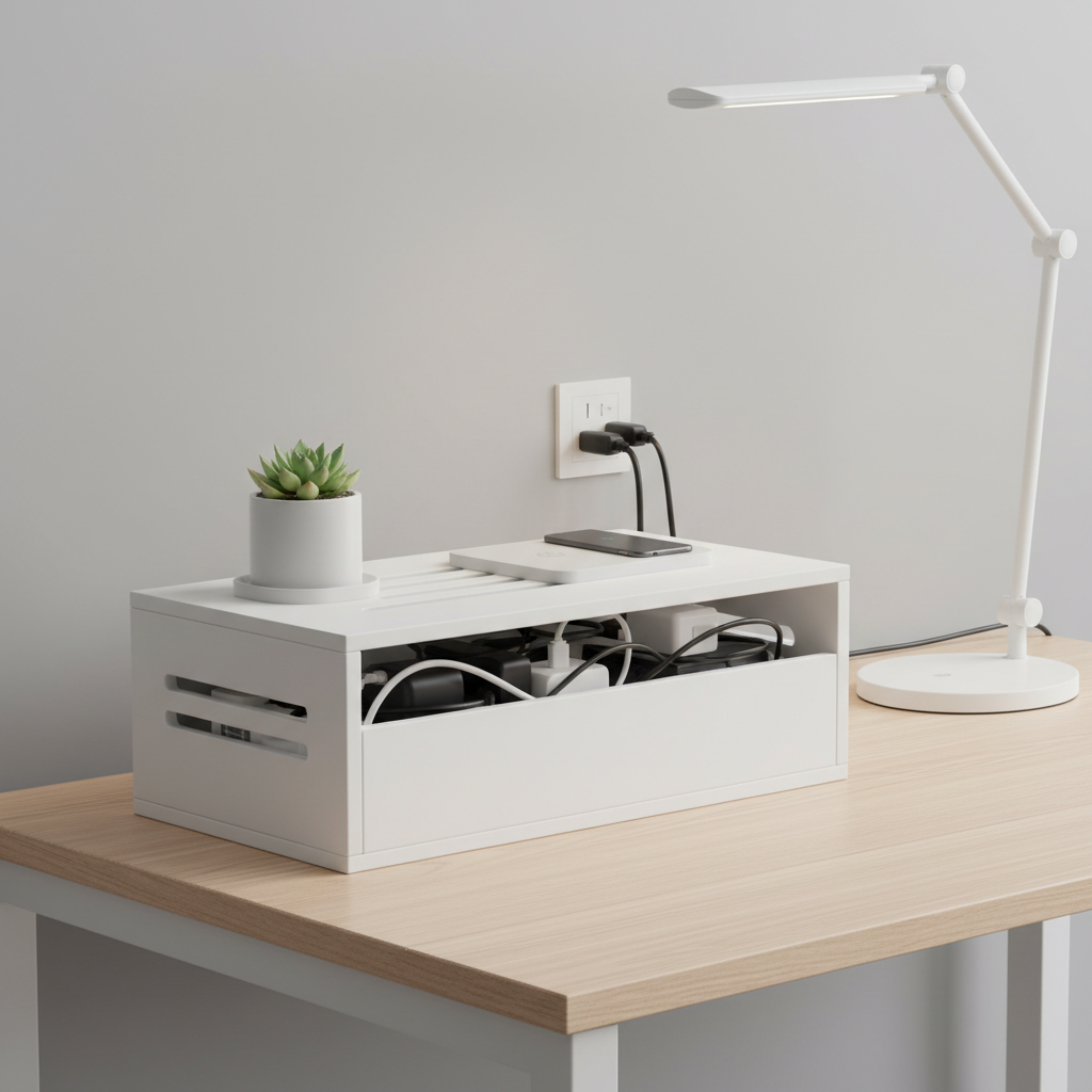 Caja organizadora de cables y regletas en madera blanca