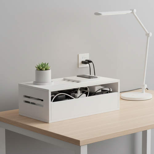 Caja organizadora de cables y regletas en madera blanca