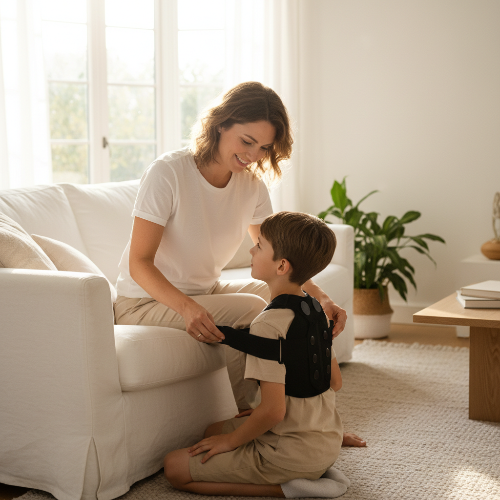 Padre ayudando a niño con corrector