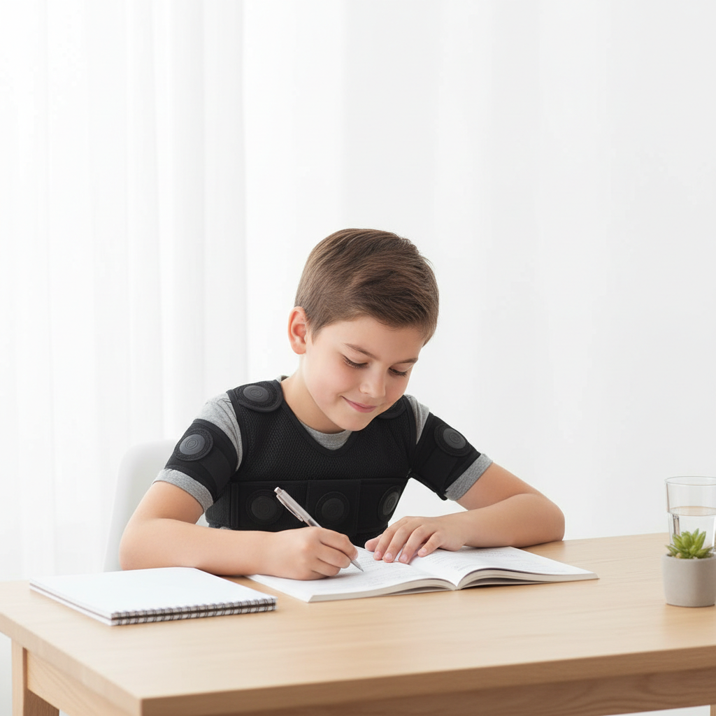Niño estudiando con corrector de postura